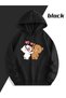 Lover Couple Combination Cute Teddy Bear Printed Hooded Sweatshirt Set of 2 3 Thread Black - 2