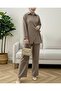 Cross Buttoned Side Tie Wool Effect Suit - Light Brown - 2