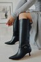 Fall Kitten Heeled Below the Knee Pointed Toe Piping Tape Detailed Matte Leather Women's Boots Black Leather - 3