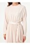 Long Hijab Dress with Pleated Waist and Tie - Beige - - 5