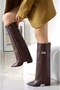 Dust Boot Detail Metal Buckled Heeled Knee-High Pointed Toe Matte Leather Women's Boots Dark Brown - 7