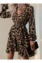 New Season Women's Long Sleeve Double Breasted Collar Leopard Mini Dress Belted Modal Fabric - 2