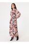 Shirt Collar Floral Print Belted Long Modest Dress - White - pink -
