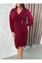 Women's Plus Size Double-Breasted Collar Long Sleeve Button Brooch Detail Asymmetric Cut Midi Stretchy Evening Dress 25042 - 2