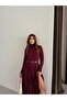 Buketli̇ Women's Stand Collar Pleated Belted Sandy Fabric Long Sleeve Long Dress - 2