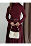 Buketli̇ Women's Stand Collar Pleated Belted Sandy Fabric Long Sleeve Long Dress - 8