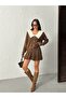 Women's Brown Stylish Collar Blouse Skirt Bottom Top Knitwear Set