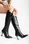 Women's Black Long Zipper Embroidered Thin Heeled Boots - 4
