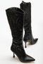 Women's Black Long Zipper Embroidered Thin Heeled Boots - 6