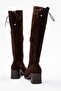 Women's Knee-High Stretch Heeled Boots; Brown Suede - 4