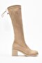 Women's Knee-High Stretch Heeled Boots; Beige Suede - 2