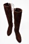Women's Knee-High Stretch Heeled Boots; Brown Suede - 5