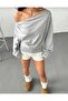 Women's Grey Off Shoulder Asymmetrical Cut Boat Neck Batwing Sleeve Blouse - 3