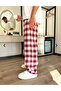 Burgundy White Harajuku Square Pattern Unisex Pajamas Sweatpants - 3