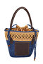 Jutty Cobalt Blue Straw Beach Bag with Tan Leather Handles, Macrame Detail Bohemian Shoulder Bag Drawstring Tote - 4