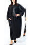 Women's Black Round Neck Plain Pattern Leather Detailed Pocketed Loose Oversize Long Sleeve Long Dress - 6