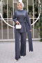 Navy Blue Crew Neck Glitter Trouser Suit