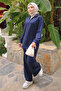 Navy Blue Mesh Detailed Zippered Tunic Trouser Suit - 2