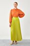 Oil Green Pleated Satin Skirt - 3