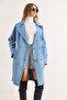 Women's Blue Lined Pocketed Belted Gabardine Trench Coat Trc-00000013 - 6
