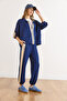 Women's Navy Blue Modal Buttoned Stripe Detailed Top and Bottom Set Tkm-19000443 - 6