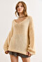 Women's Beige V-Neck Open Knit Oversized Sweater KZK-19001018 - 6