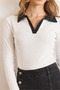 Women's Ecru Black Color Block Polo Neck Cotton Stretchy Blouse Blz-19003104 - 6