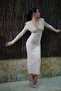Evelisse Women's Stoned Mock Neck Cream Midi Shoulder Pad Piece Dress Evening Dress - 7
