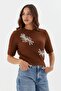 Embroidered Short Sleeve Knit Blouse Brown - 3