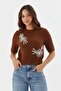 Embroidered Short Sleeve Knit Blouse Brown