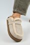 (Ecemi Platform) Women's Genuine Leather Fur Loafer Platform Beige Slippers