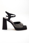 Women's Square Platform Thick Heeled Black Satin Stone Evening Dress Shoes - 4