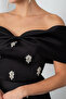 Women's Black Tight Fit Strapless Stone Long Satin Evening Dress - 4