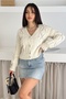 Women's Beige Openwork Stone Buttoned Crop Knit Cardigan - 5