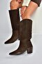 V654082102 Brown Genuine Leather Suede Thick Heeled Women's Boots - 5