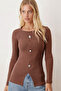 Women's Light Brown Wide Neckline Long Sleeve Front Slit Buttoned Blouse Arm-26K001008