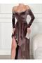 Velvet Stretchy Fabric Stone-Embellished Strapless Neck and Slit Detailed Evening Dress 582771 TAUPE - 3
