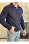 Men's Zipper Detailed Knitted Sweater Navy Blue Eca031 - 2