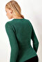 Women's Green V-Neck Long Sleeve Gathered Front Soft Textured Lycra Blouse Arm-26K001014 - 3