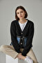 Oversize Knit Cardigan with Pockets - Denim Detailed Buttoned Thick Textured Women's Cardigan - 7