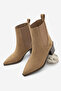 Women's Pointed Toe Thick Heeled Double Elastic Heeled Boots Ropes Tan Suede