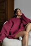 Women's Oversize Sweatshirt Dress Basic Burgundy – Crew Neck, 3 Thread Raised Fleece - 5