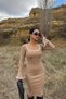 Women's Beige White Detailed Square Neck Ribbed Dress - 2