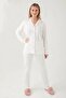 7717 Women's Cream Long Sleeve Button Front Piping Shirt Pajama Set