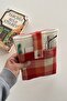 Two-Compartment Linen Book Cover Orange Large Checkered Book Lover Gift - 3