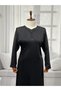 Black Silk Pentagonal Collar Stone Printed Quality Mother Combed Cotton Dress with Handles - 2