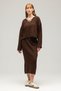 Brown Women's V-Neck Long Sleeve Knitwear Sweater & High Waist Midi Knitwear Skirt Set
