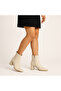 Women's Beige Pointed Toe Block Heeled Zippered Leather Boots - 6