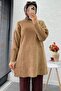 Oversize Knit Sweater with Line Pattern on the Front – Camel - 3
