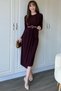 Long Sleeve Midi Burgundy Dress with Waist Detail - 8